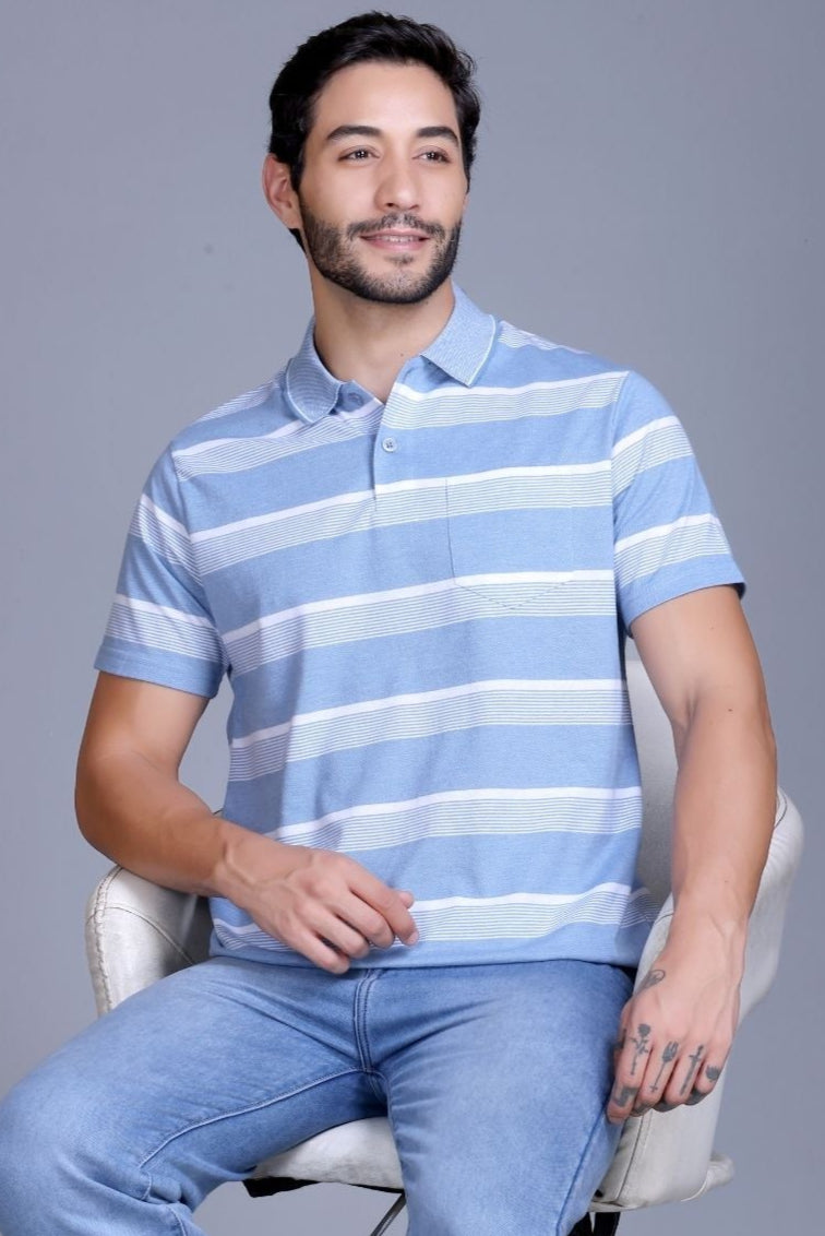 Half sleeves polo t-shirt for men in stripes with pocket (121S)